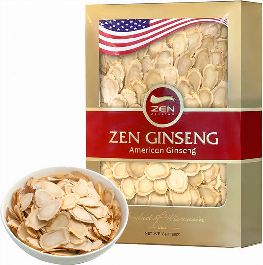 Zen Ginseng Wisconsin slices in bottle show natural energy support.