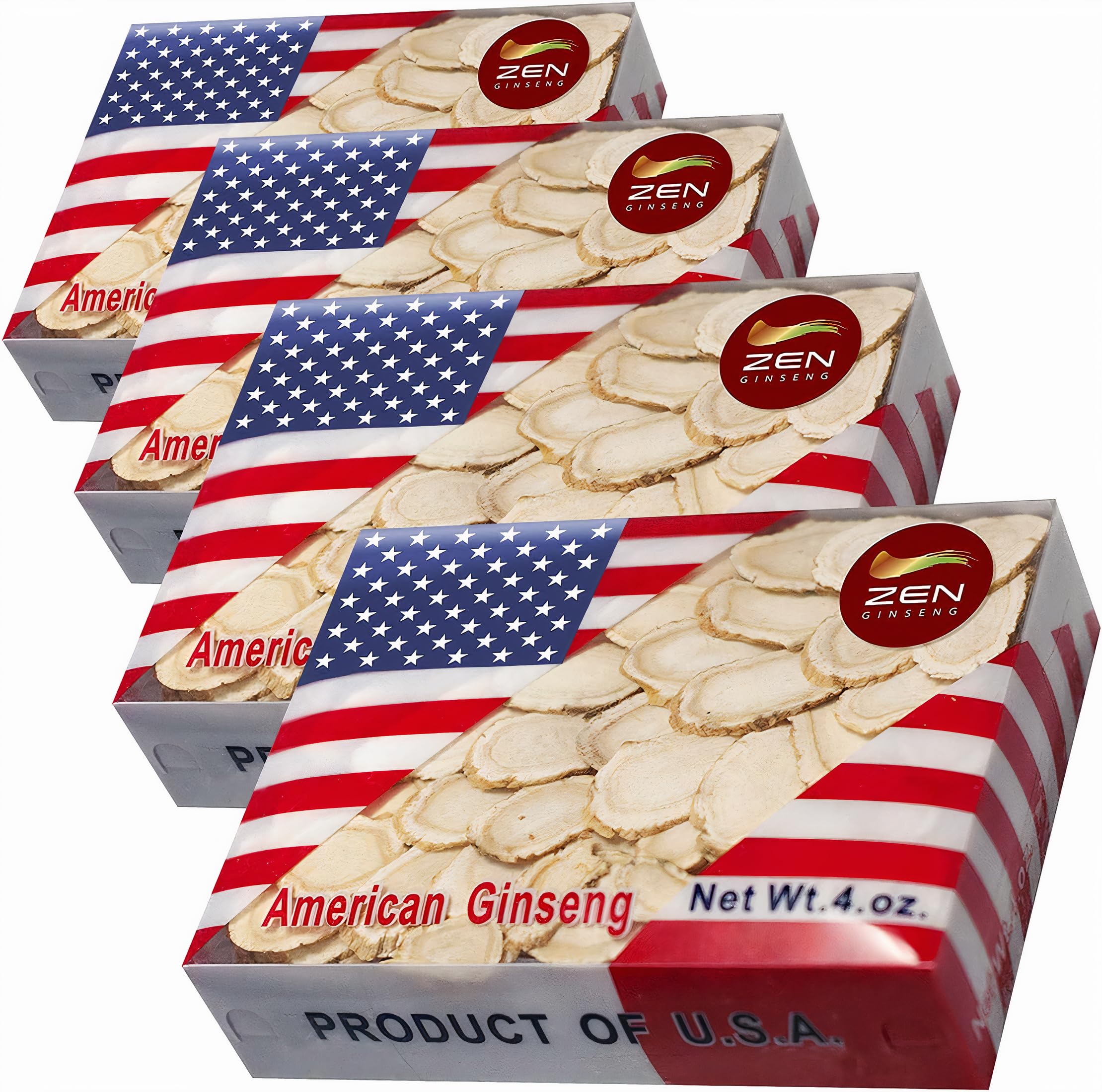 Zen Ginseng Wisconsin slices in four-box packaging for daily energy support