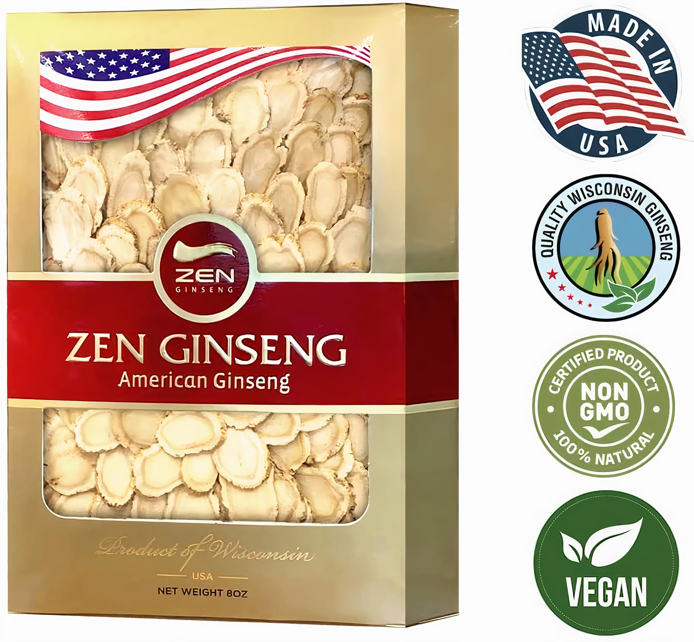 8oz box label shows vegan, sugar-free Ginseng.