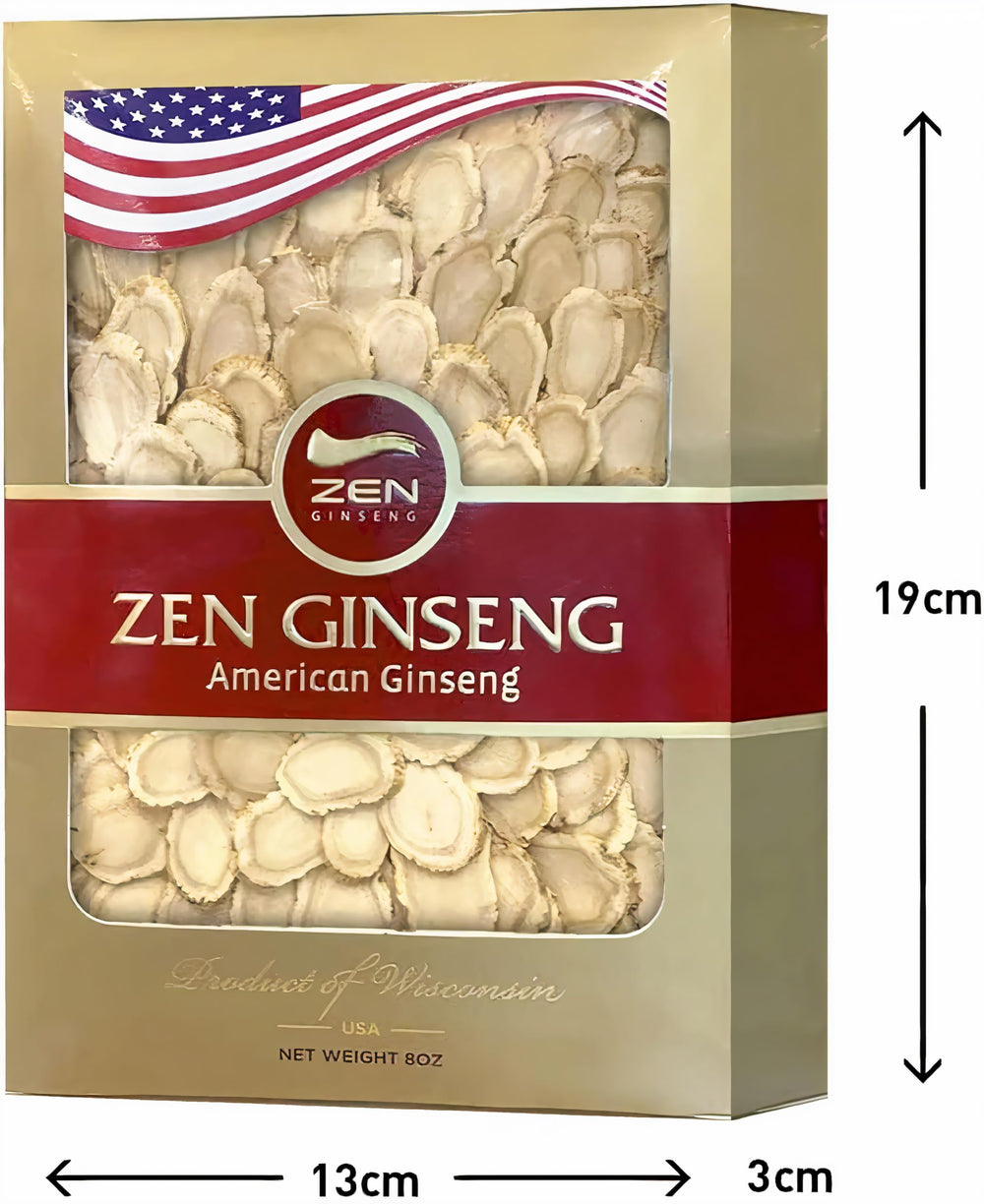 USA-made Zen Ginseng slices emphasize quality and vegan formula.