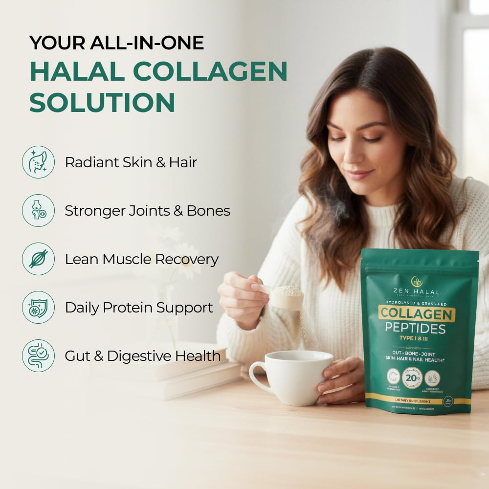 ZEN HALAL collagen powder dissolving in tea for gut-friendly routine.
