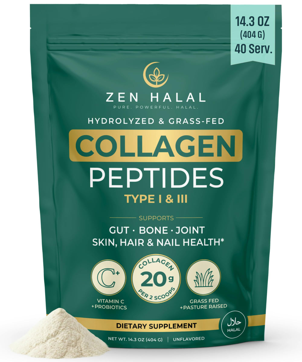 ZEN HALAL collagen powder jar, halal-certified grass-fed formula for daily use.