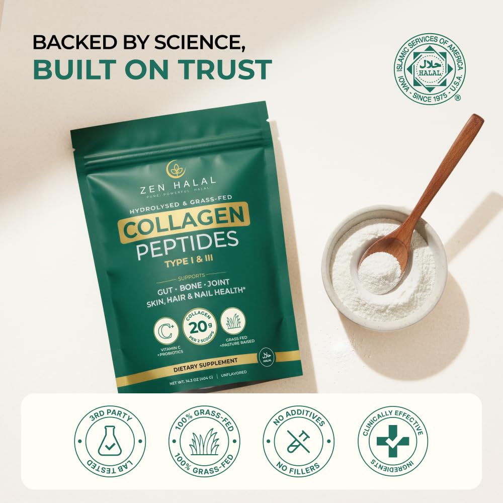 ZEN HALAL collagen powder on kitchen counter suggests easy daily habit.