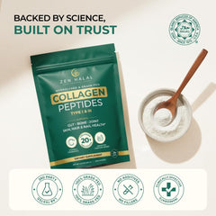 ZEN HALAL collagen powder on kitchen counter suggests easy daily habit.