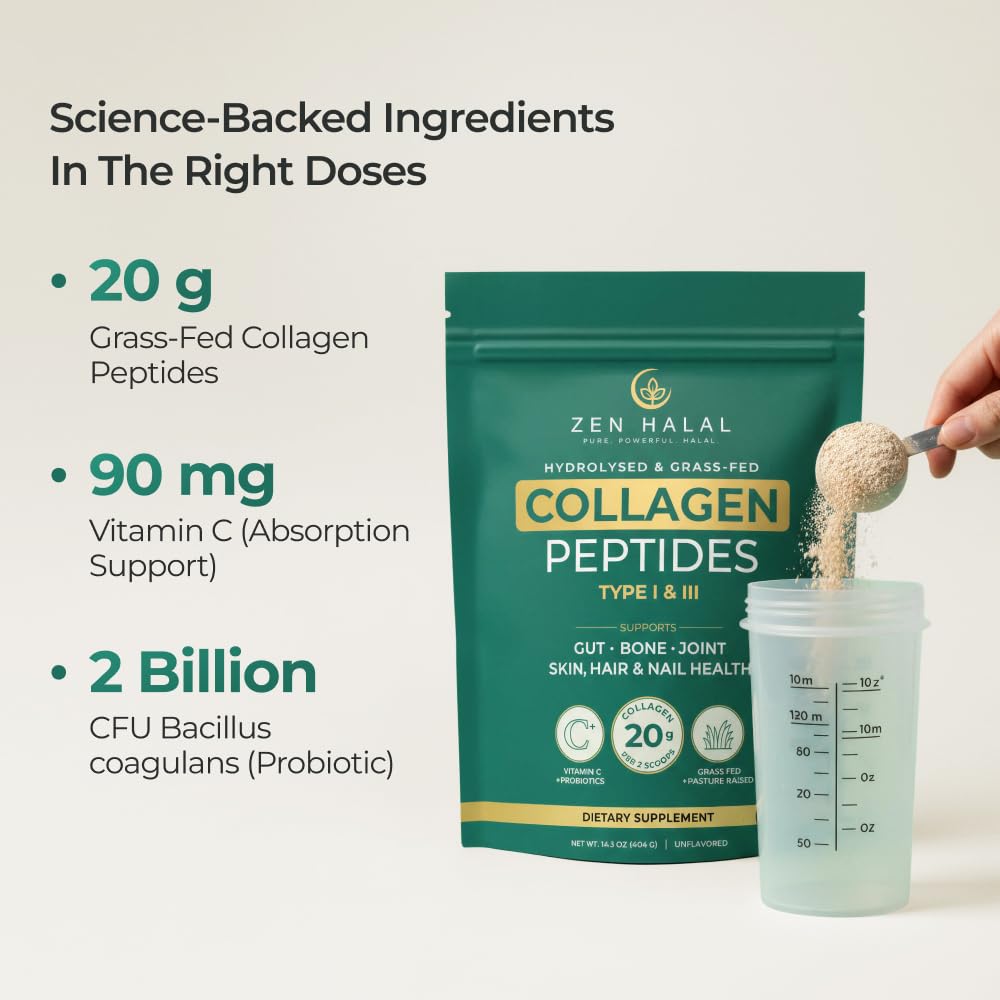 ZEN HALAL collagen powder scoop captured for simple daily dose.