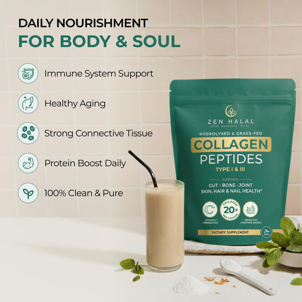 ZEN HALAL collagen powder in smoothie shows versatile use for skin and joints.