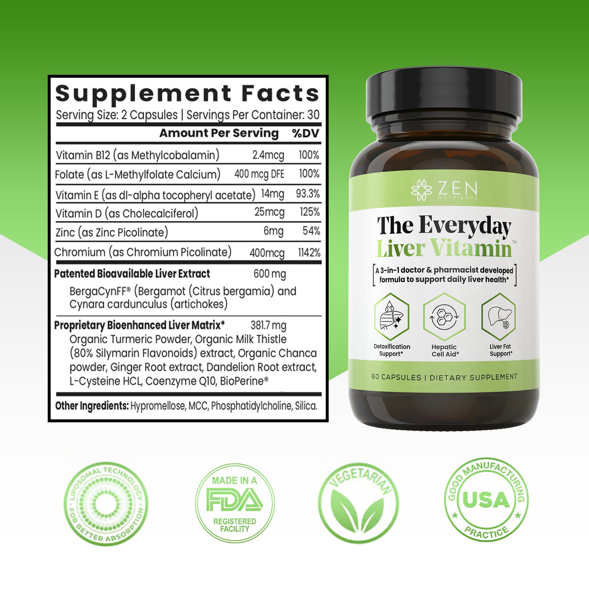 Closeup of Bergacyn FF label on Zen Nutrients bottle highlighting the patented blend