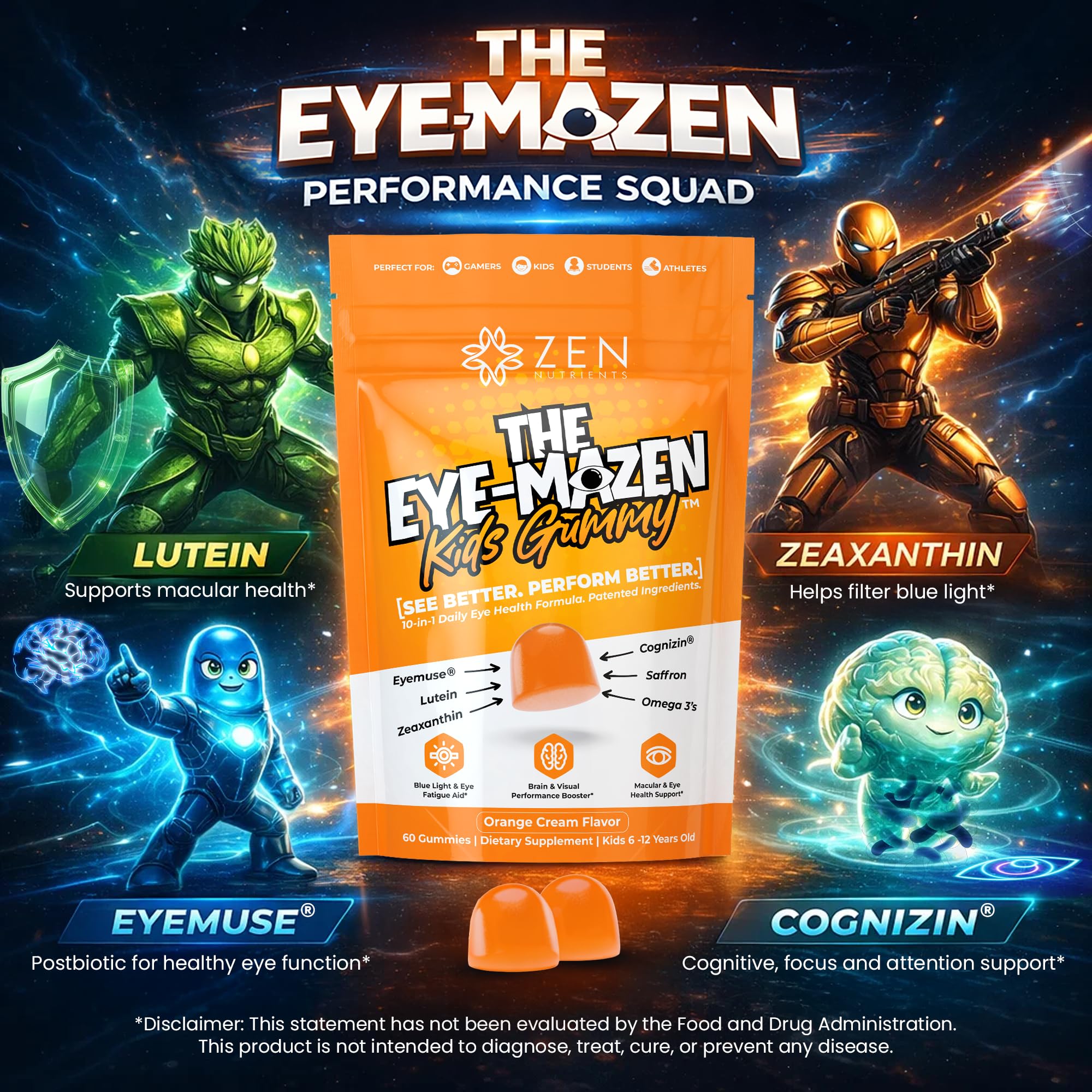 Zen Nutrients EyeMazen bottle pour illustrates easy daily dosing for kids.