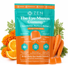 Zen Nutrients Eye-Mazen bottle on a desk, promoting screen-time eye comfort.
