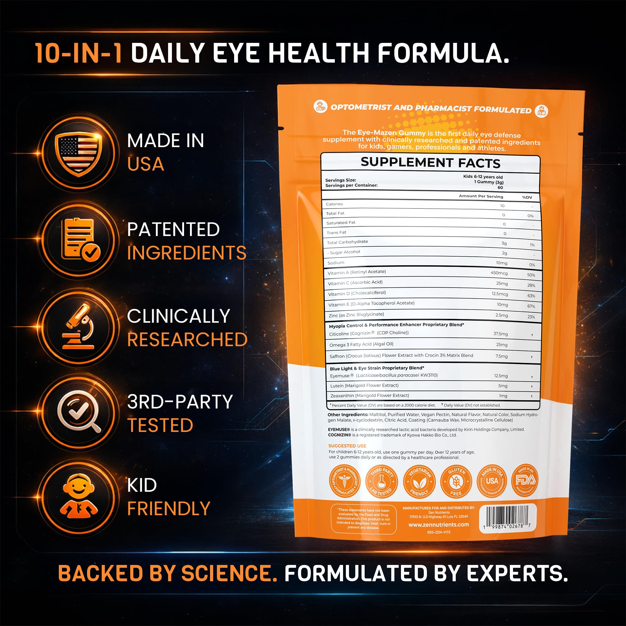 Zen Nutrients EyeMazen gummy closeup highlights kid-friendly texture and taste.