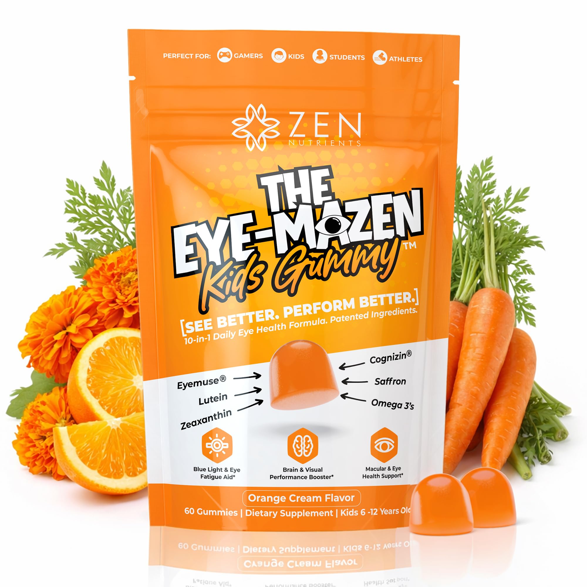 Zen Nutrients EyeMazen kids bottle front showing gummies for daily eye support.