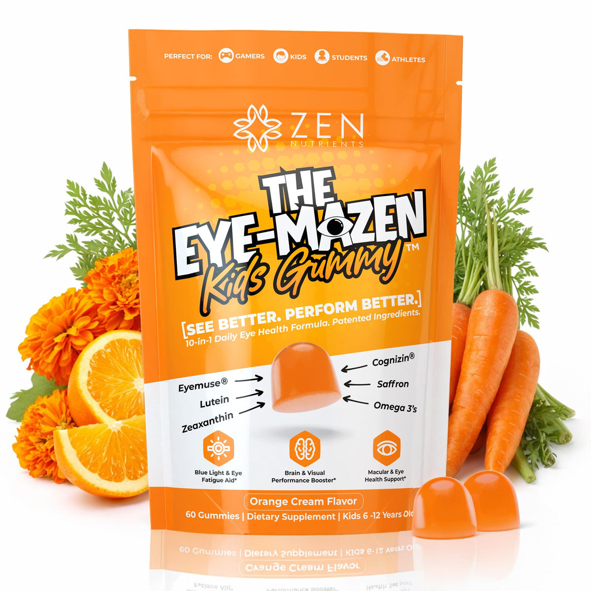 Zen Nutrients EyeMazen kids bottle front showing gummies for daily eye support.