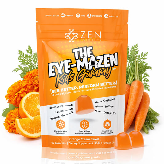 Zen Nutrients EyeMazen kids bottle front showing gummies for daily eye support.
