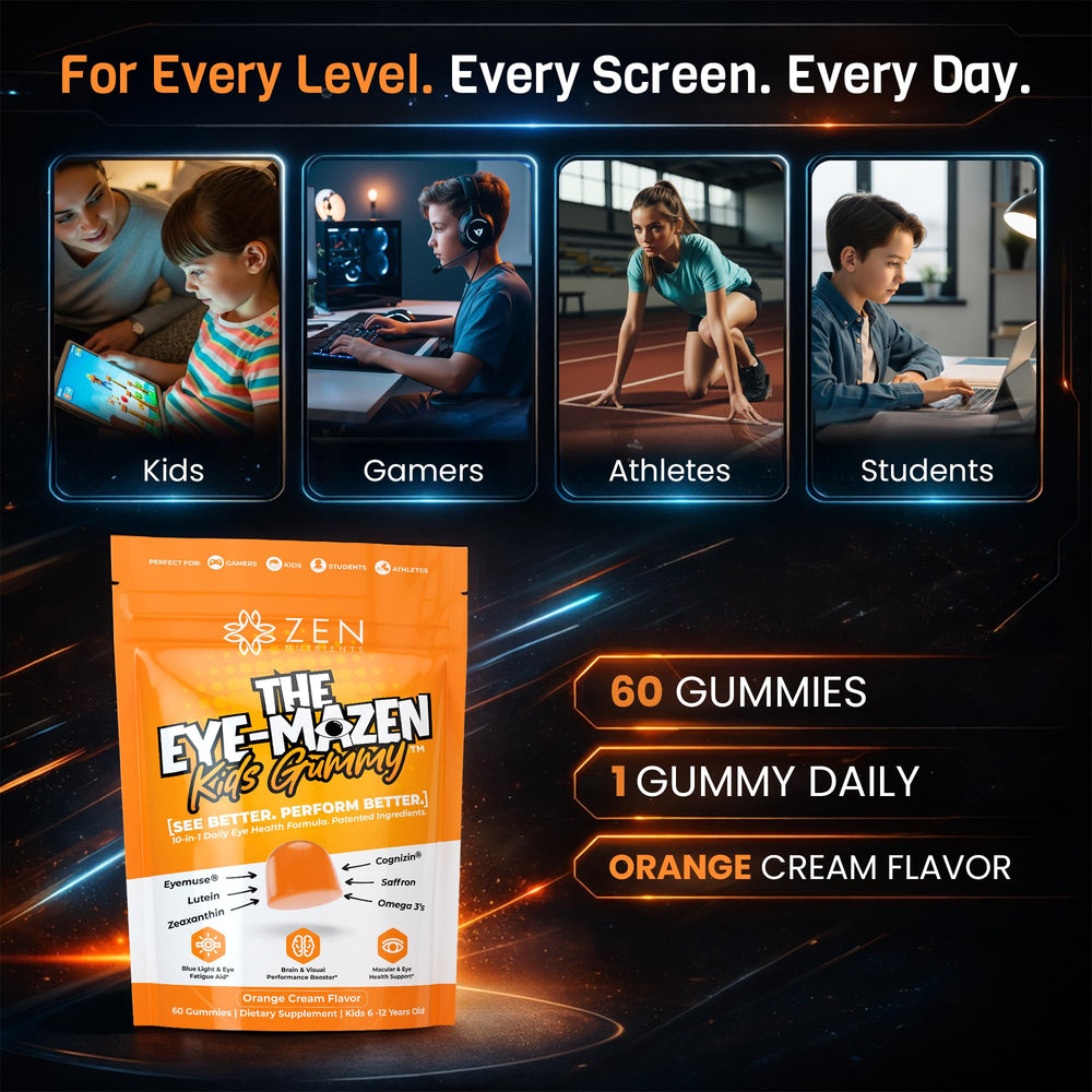 Zen Nutrients EyeMazen kids studying desk shows screen-time eye support.