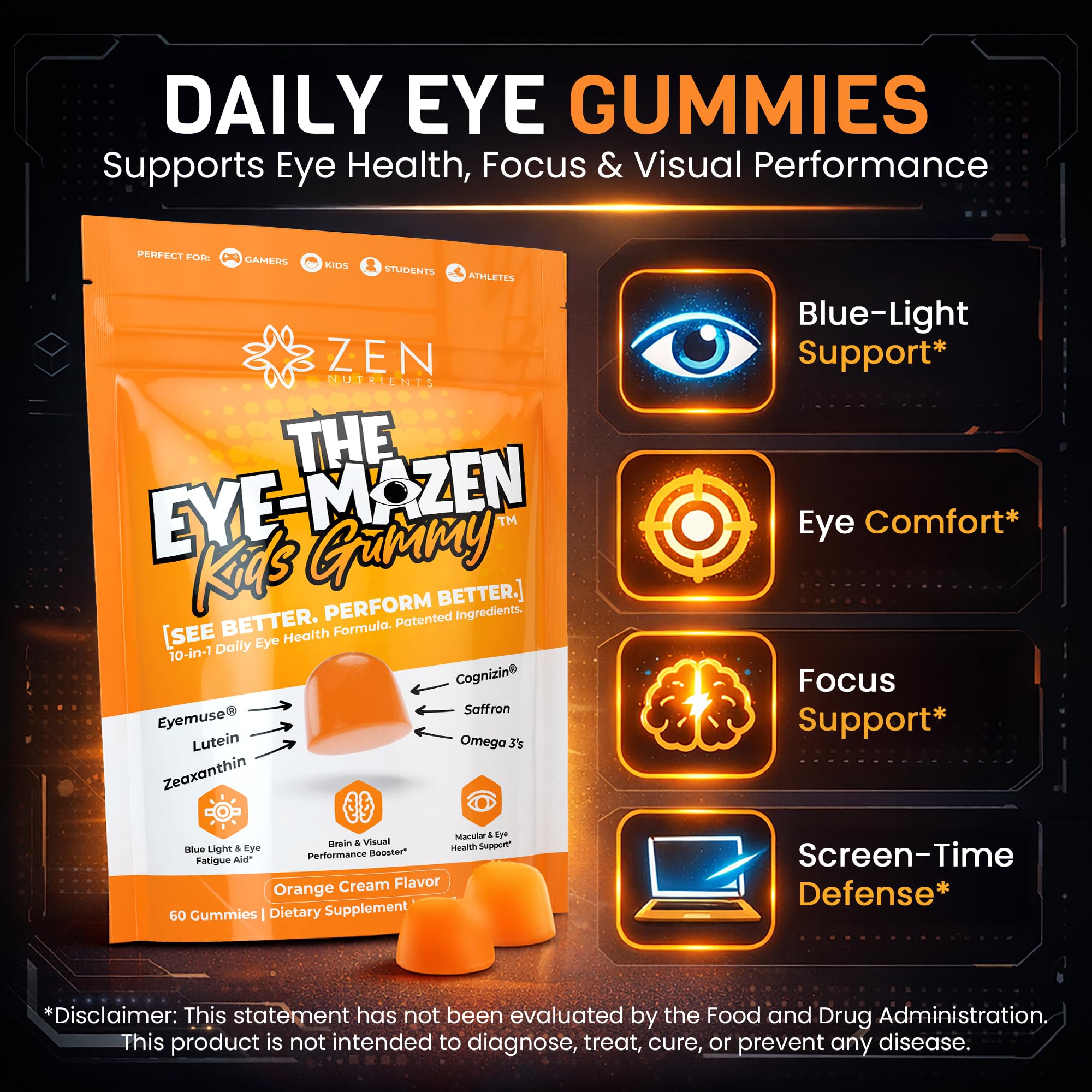 Zen Nutrients EyeMazen label explains omega-3 and vitamin A benefits.