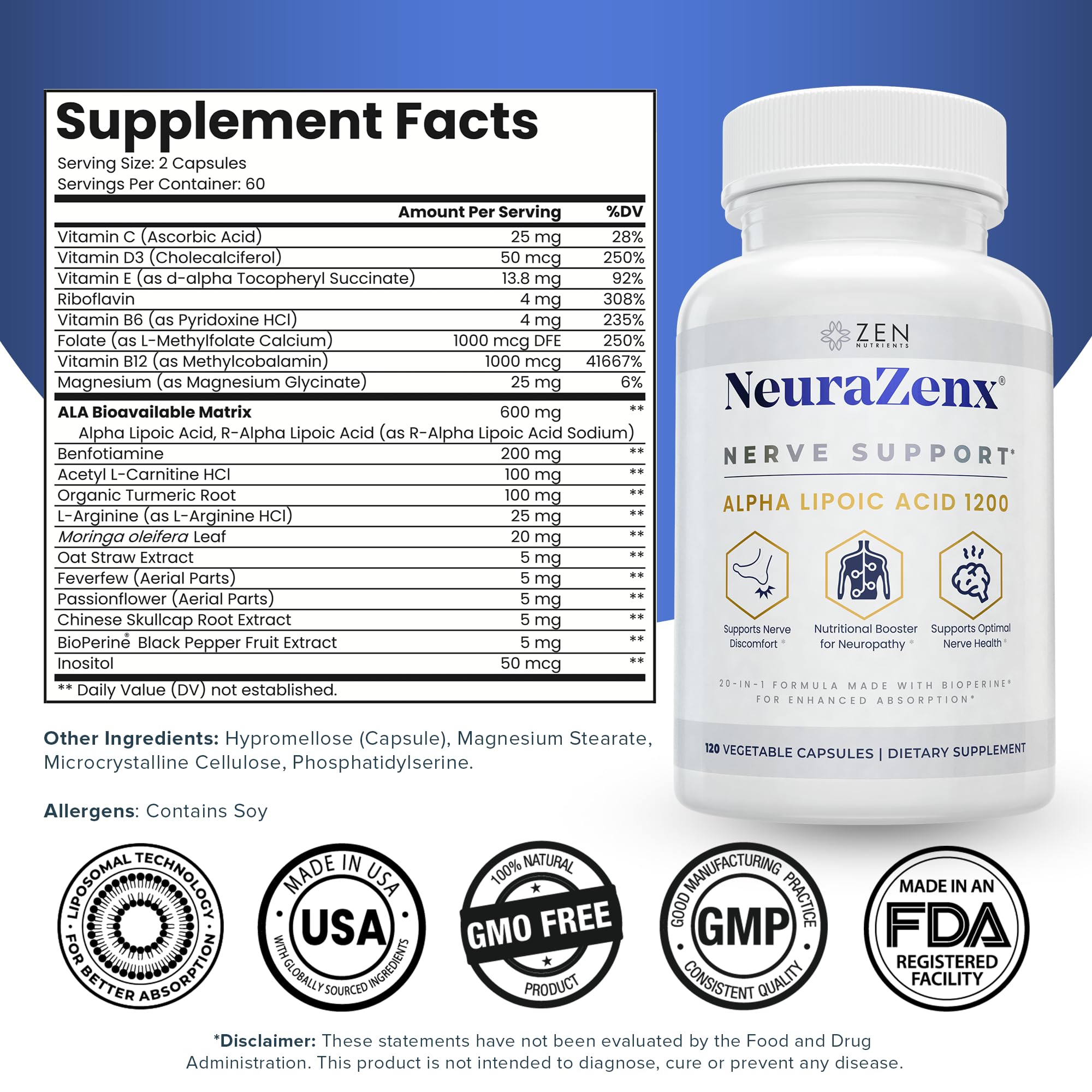 Zen Nutrients NeuraZenX bottle label closeup highlights ALA and benfotiamine