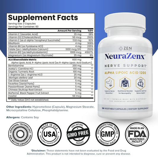 Zen Nutrients NeuraZenX bottle label closeup highlights ALA and benfotiamine