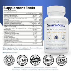 Zen Nutrients NeuraZenX bottle label closeup highlights ALA and benfotiamine