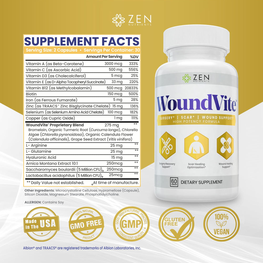 Zen Nutrients WoundVite label highlights potent wound care blend.