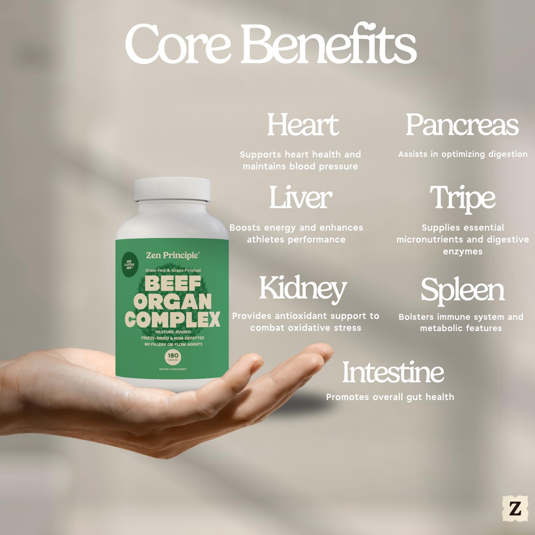 Zen Principle beef heart capsules highlighting protein-forward formula for everyday vitality.