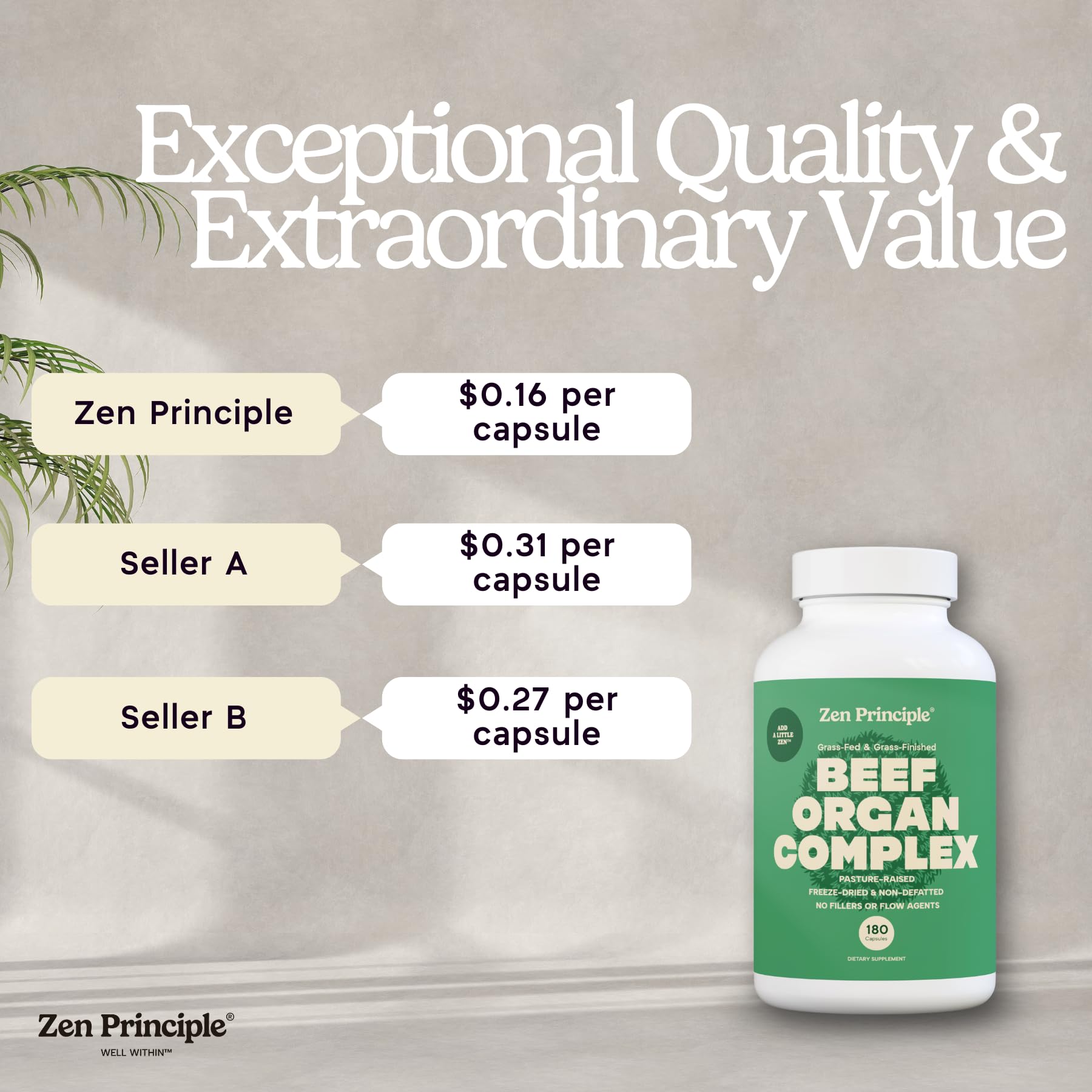 Zen Principle beef kidney capsules, full-spectrum organ blend for balanced micronutrients.