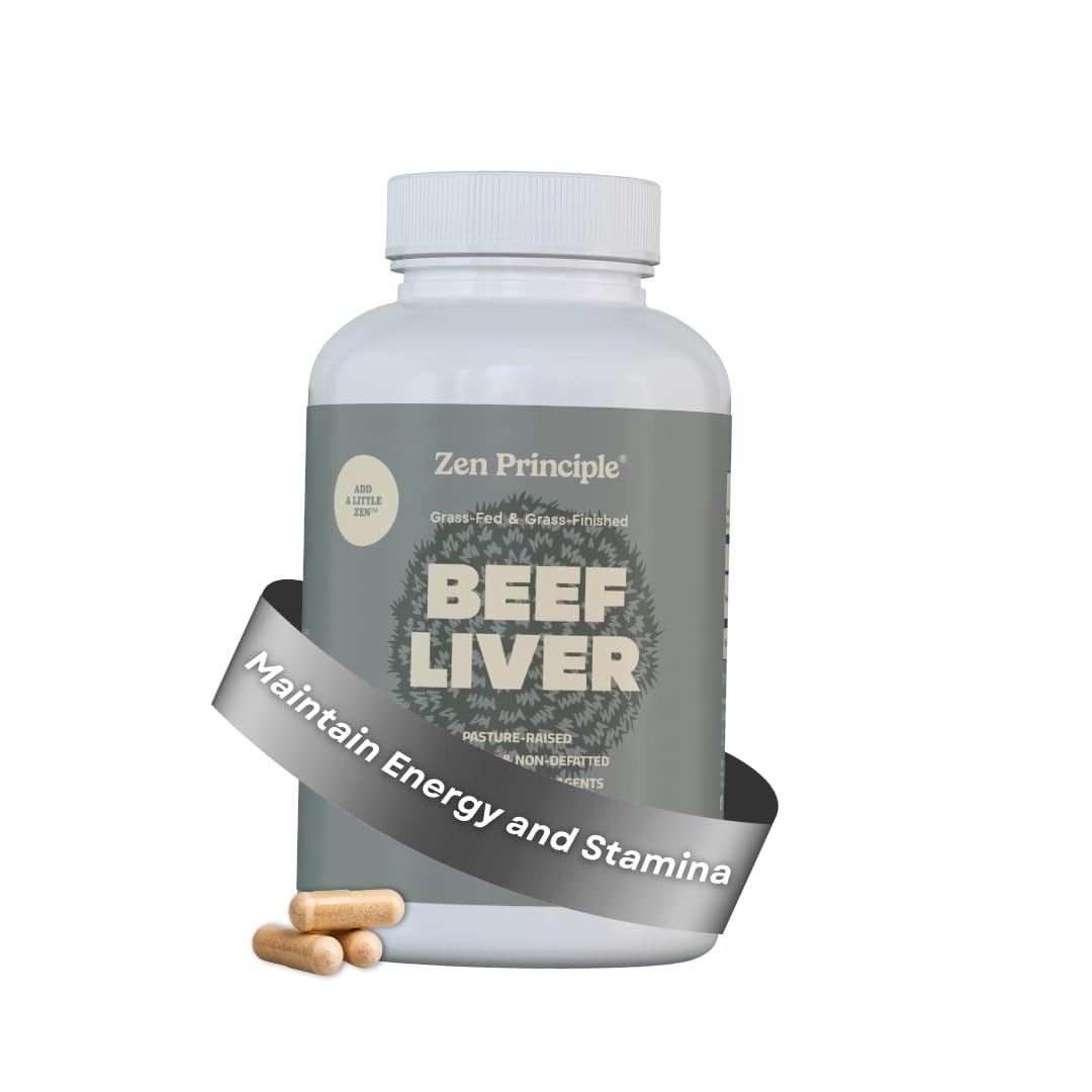Zen Principle beef liver capsules bottle front highlighting natural energy support.