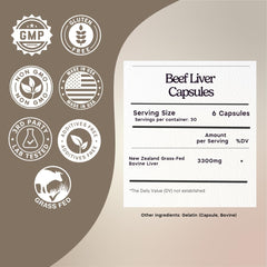 Zen Principle beef liver capsules label close-up showing grass-fed origin and nutrient richness.