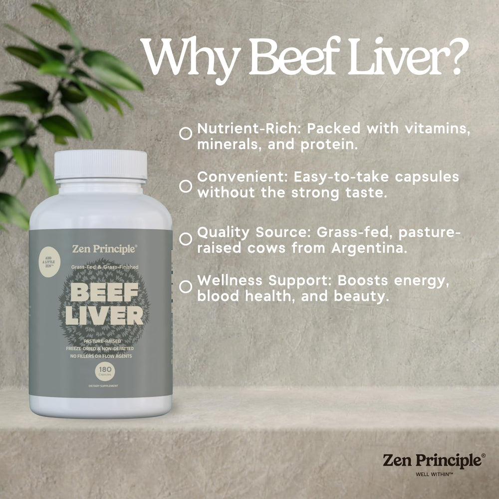 Zen Principle beef liver capsules on shelf showcasing premium packaging.