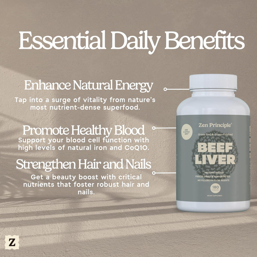 Zen Principle beef liver capsules poured into hand for daily energy and vitality.