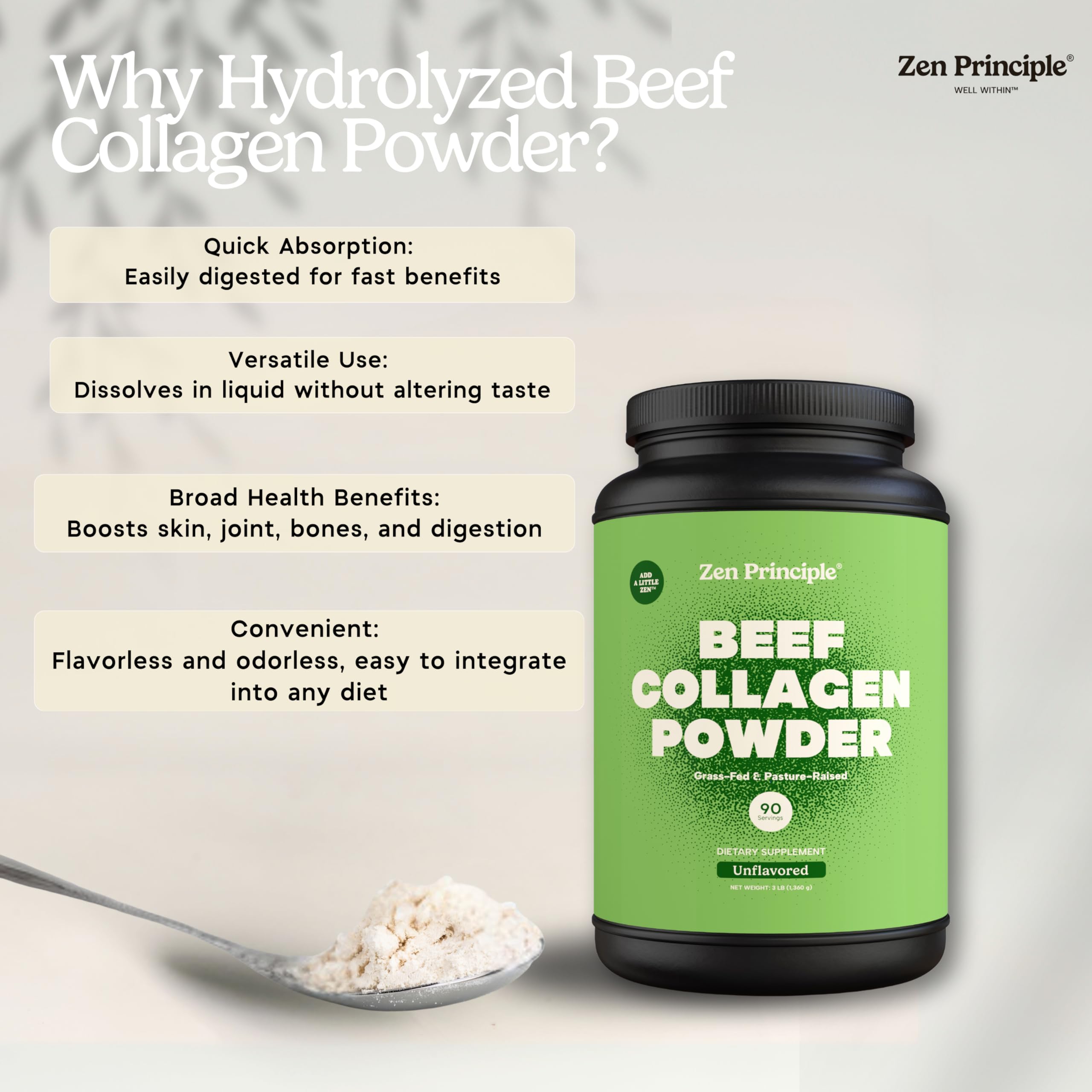 Zen Principle collagen powder on pantry scene ready for shakes.