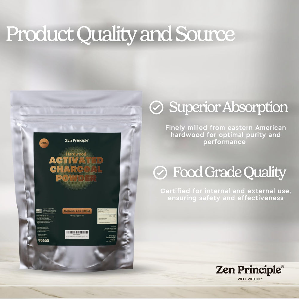 Zen Principle charcoal mixed for digestive support and cleansing routine.