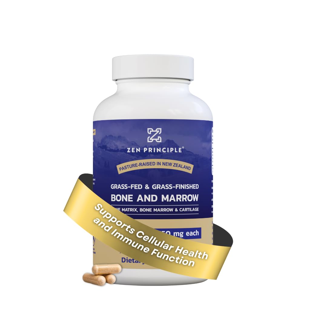 Zen Principle grass-fed beef bone marrow capsules in a bottle for daily wellness.