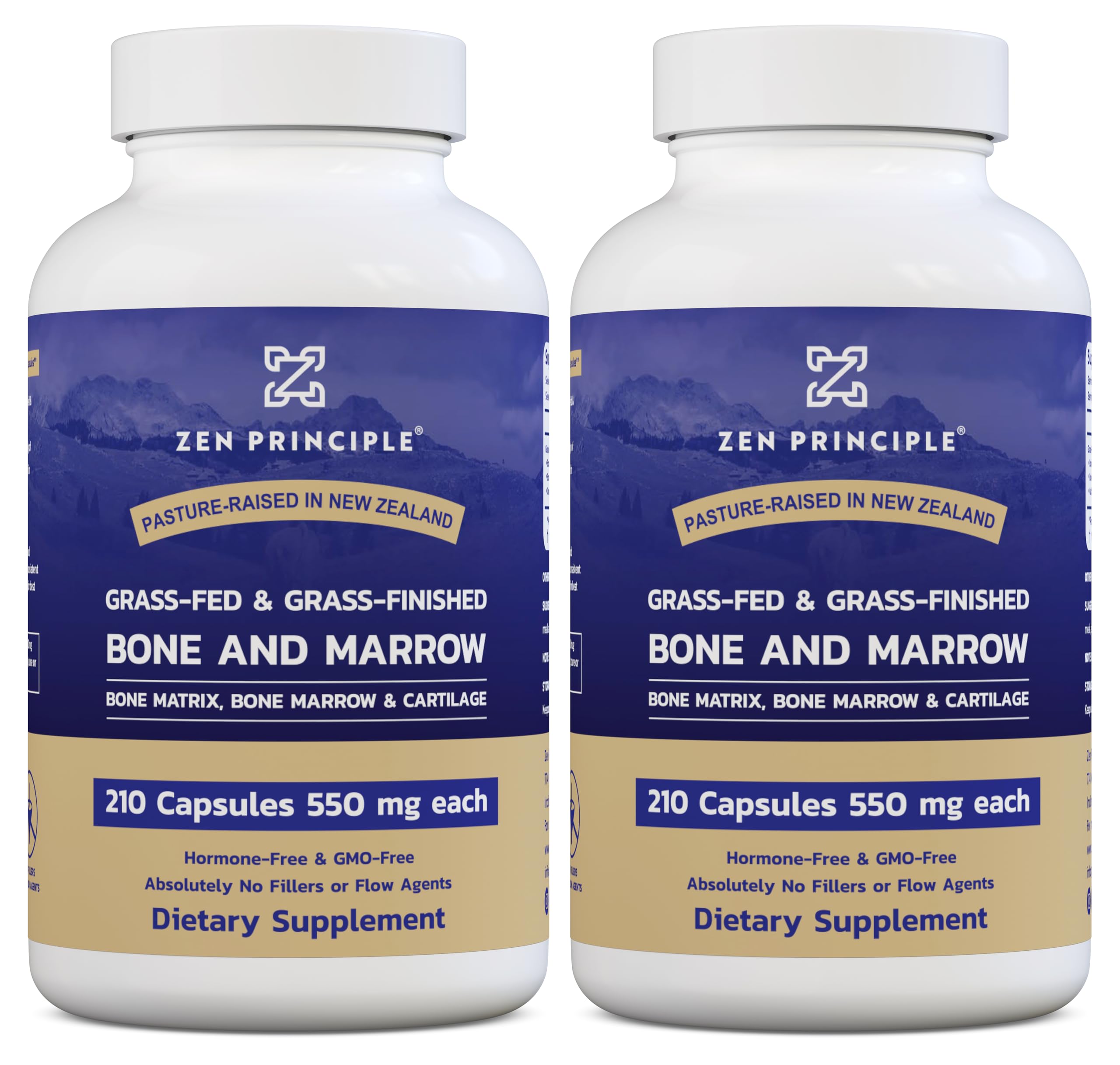 Zen Principle grass-fed beef bone marrow supplement bottle promoting joint and skin health.