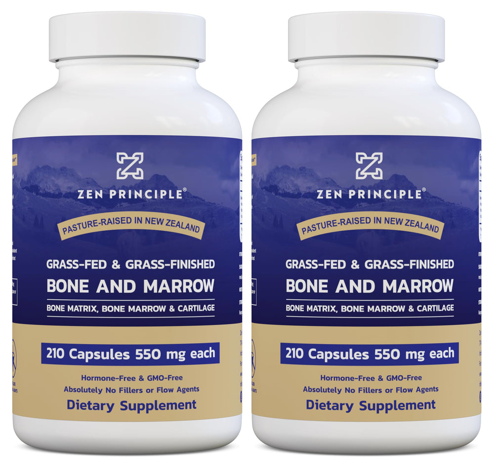 Zen Principle grass-fed beef bone marrow supplement bottle promoting joint and skin health.