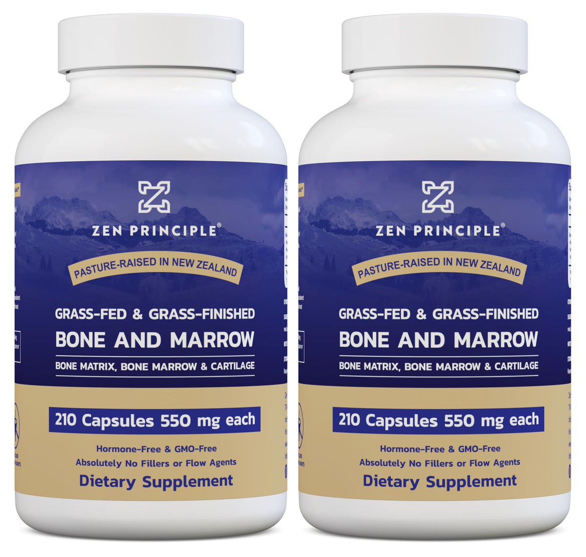Zen Principle grass-fed beef bone marrow supplement bottle promoting joint and skin health.