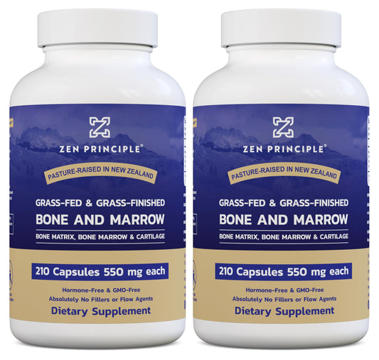 Zen Principle grass-fed beef bone marrow supplement bottle promoting joint and skin health.