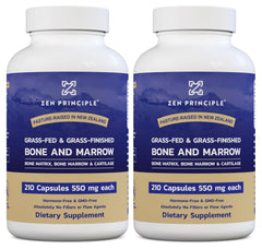 Zen Principle grass-fed beef bone marrow supplement bottle promoting joint and skin health.