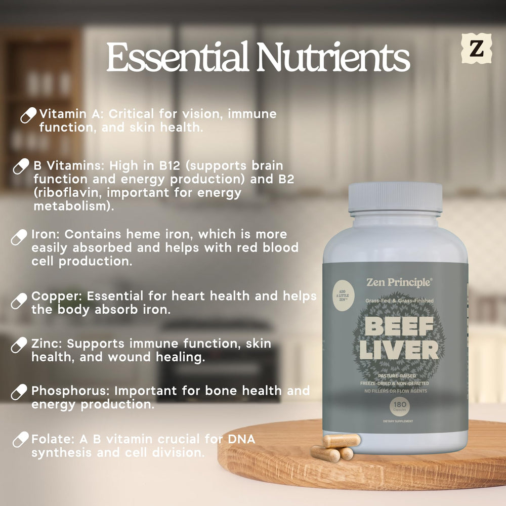 Zen Principle grass-fed beef liver nutrient icons signaling iron and vitamins.