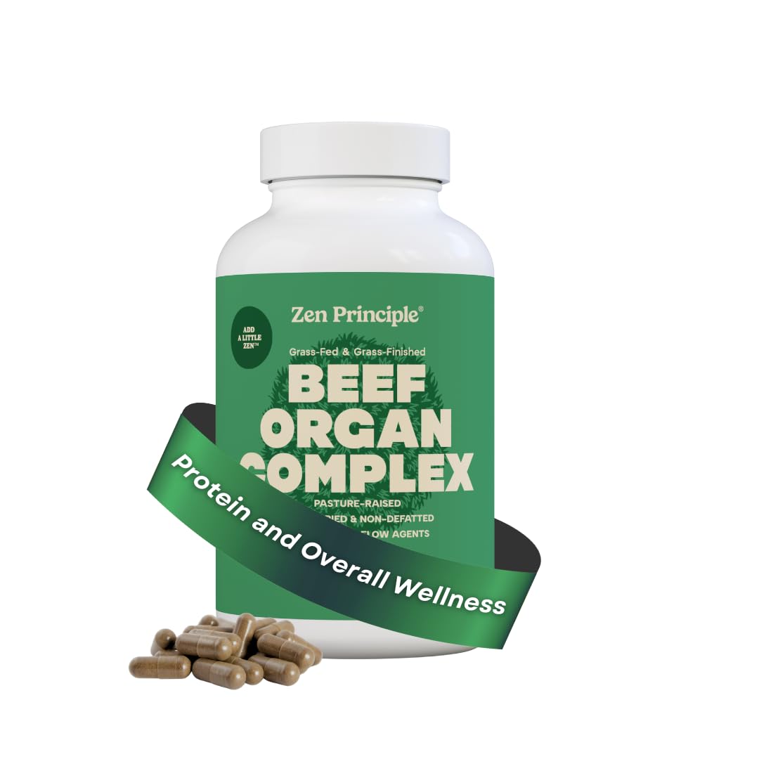 Zen Principle grass-fed beef organs bottle for daily vitality and natural energy.