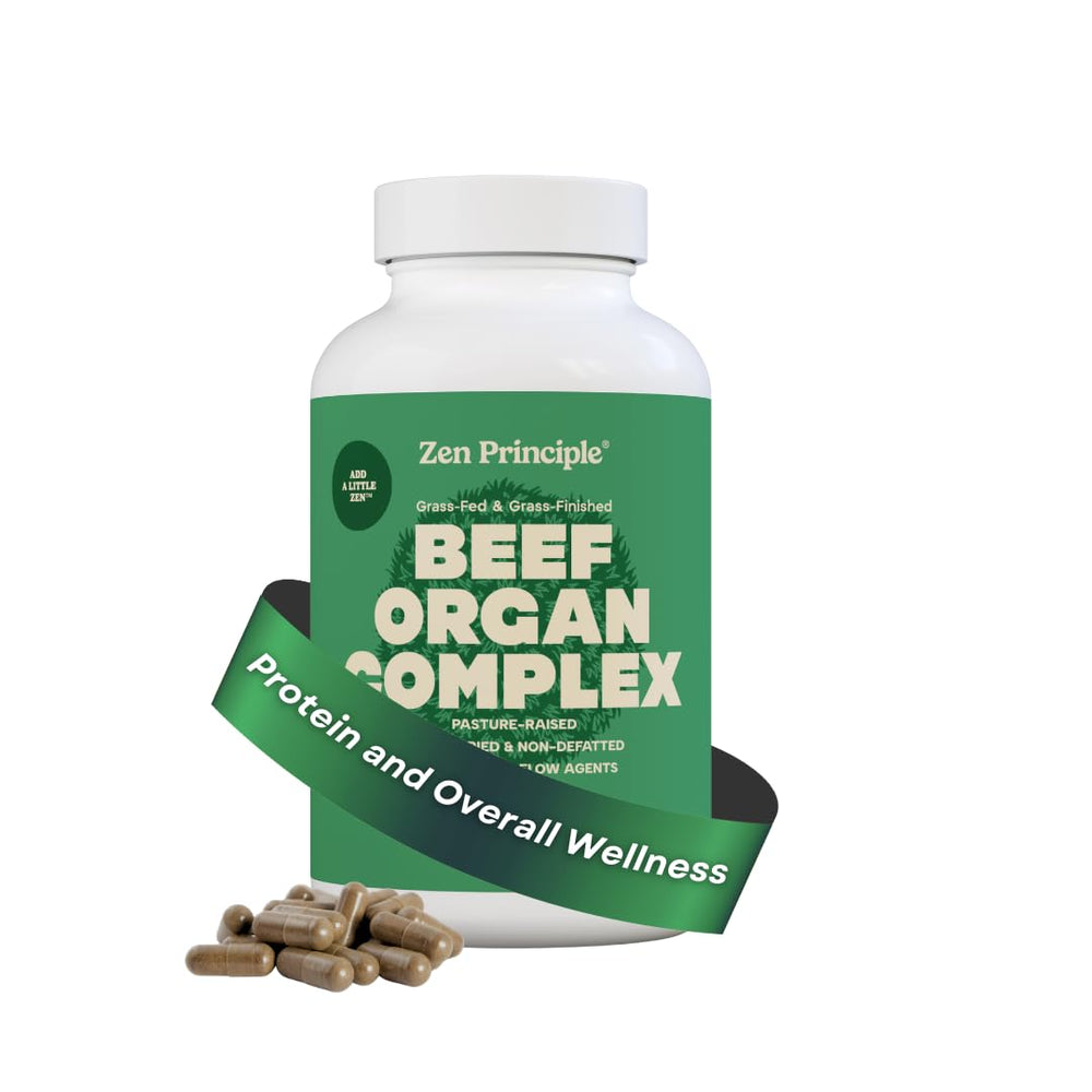 Zen Principle grass-fed beef organs bottle for daily vitality and natural energy.