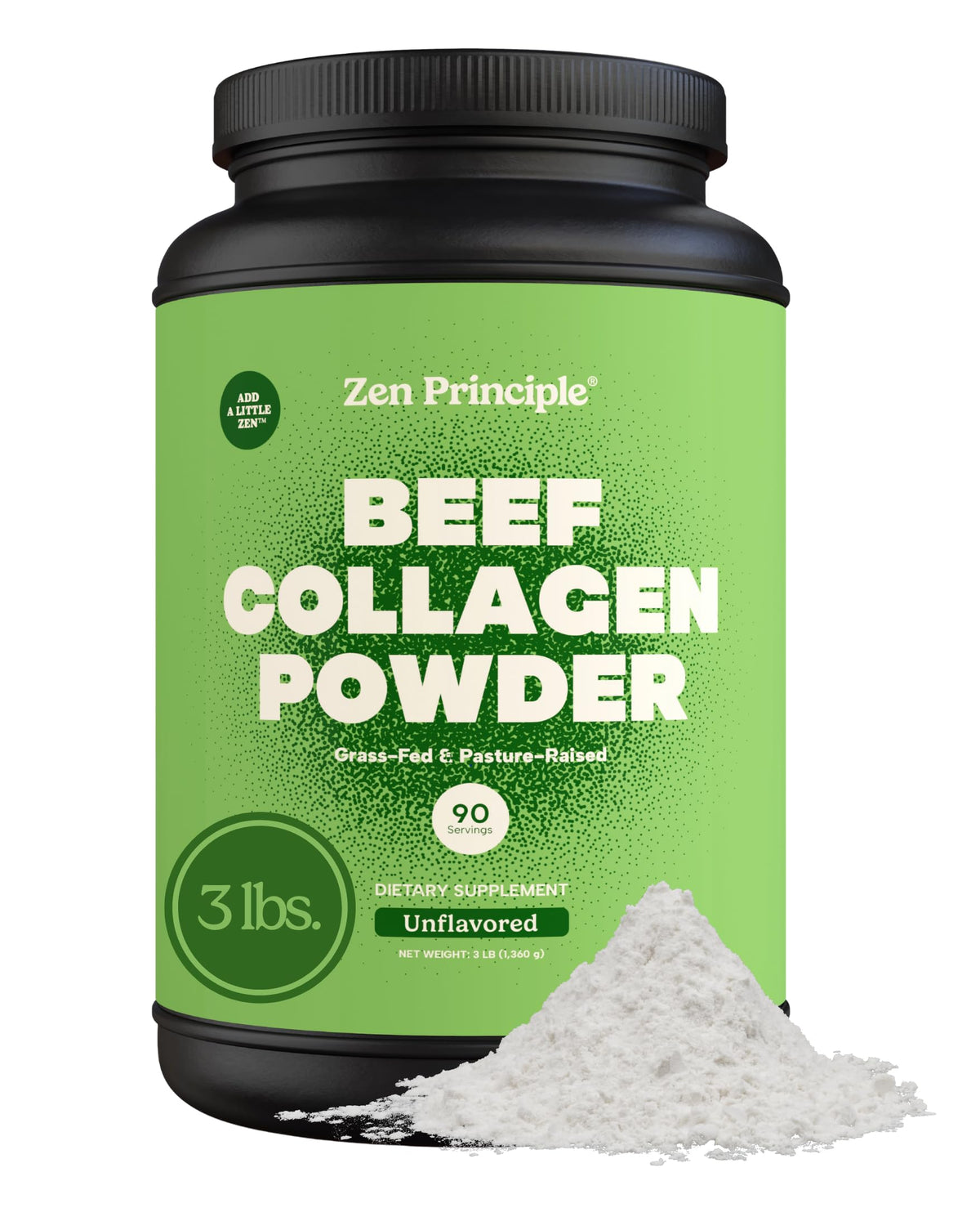 Zen Principle grass-fed collagen bottle on shelf supports healthy-looking skin and joints.