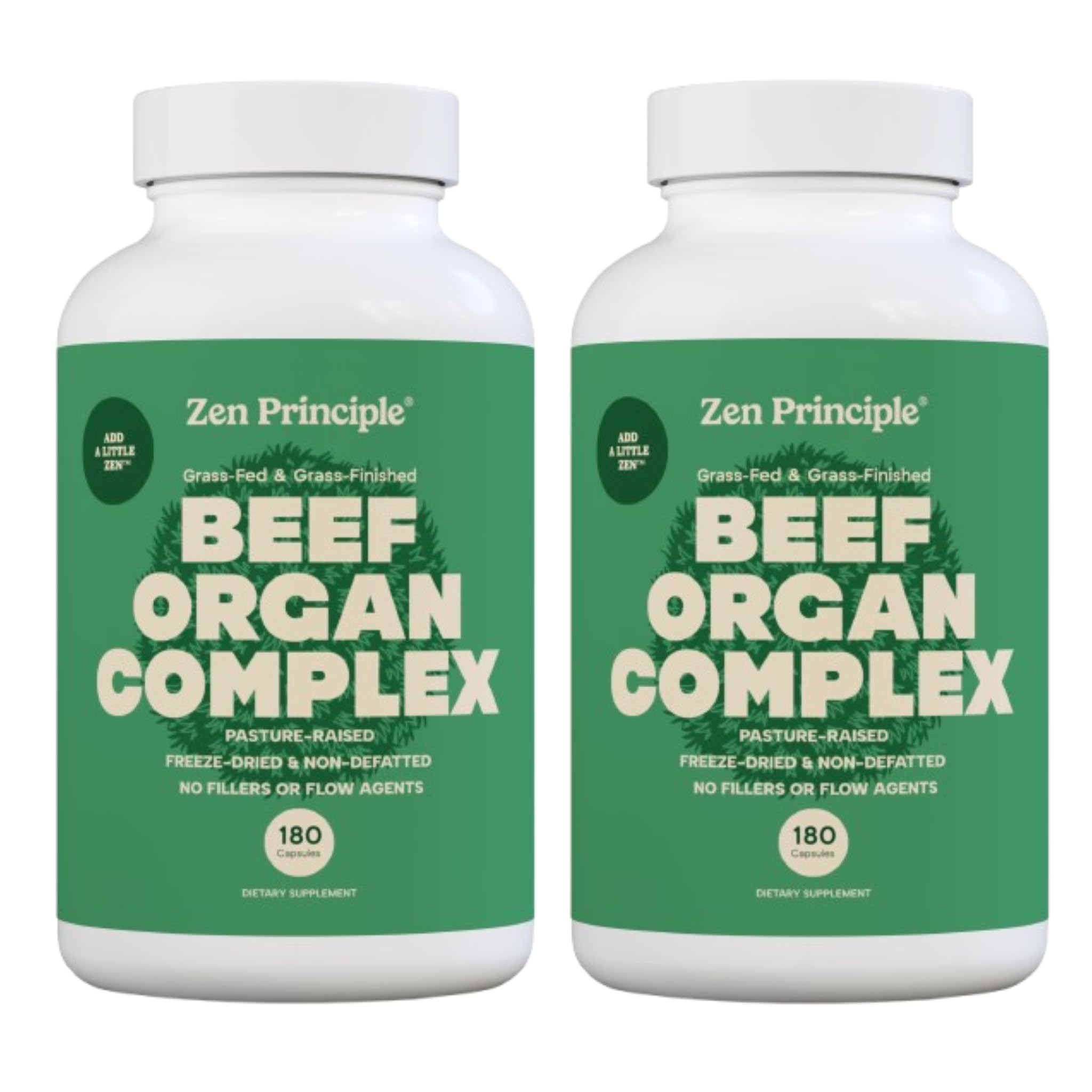 Zen Principle grass-fed organ supplement bottle with convenient capsules for daily nutrition.