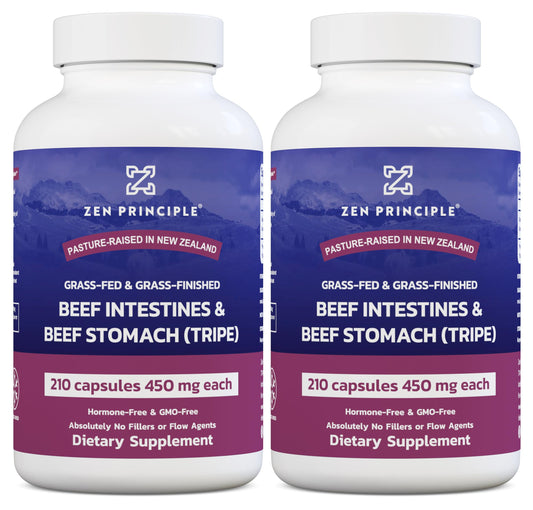 Zen Principle Grass-Fed Tripe Capsules in a bottle illustrating gut-supportive nutrients.