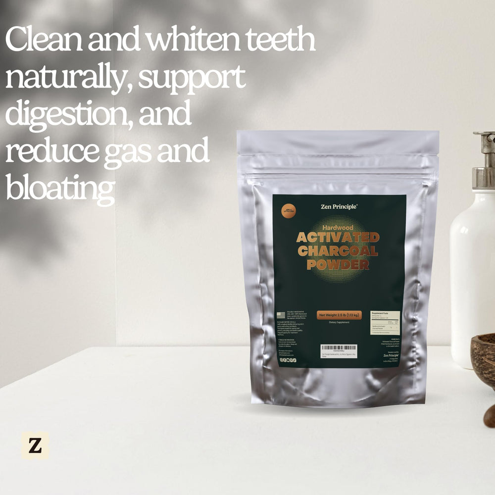 Zen Principle charcoal powder used in hair care for refreshing shine.