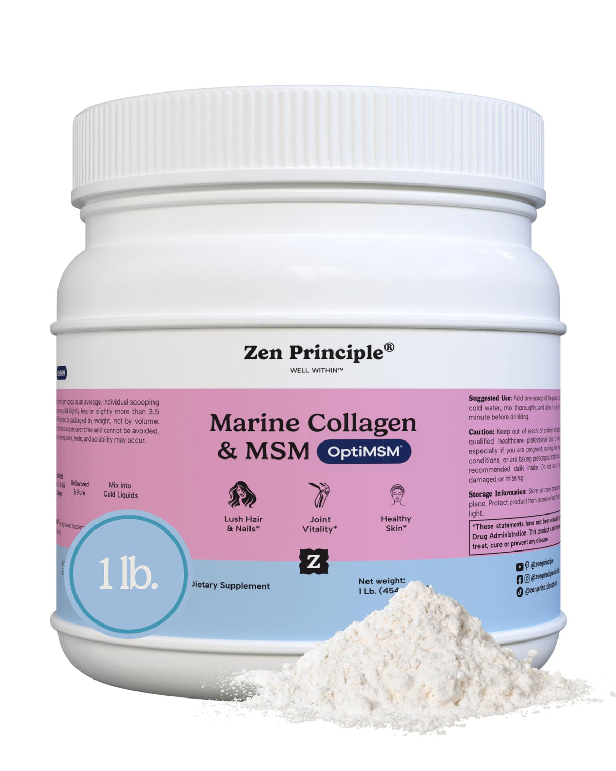 Zen Principle hydrolyzed marine collagen powder bottle highlights skincare and joint support.