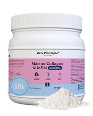 Zen Principle hydrolyzed marine collagen powder bottle highlights skincare and joint support.