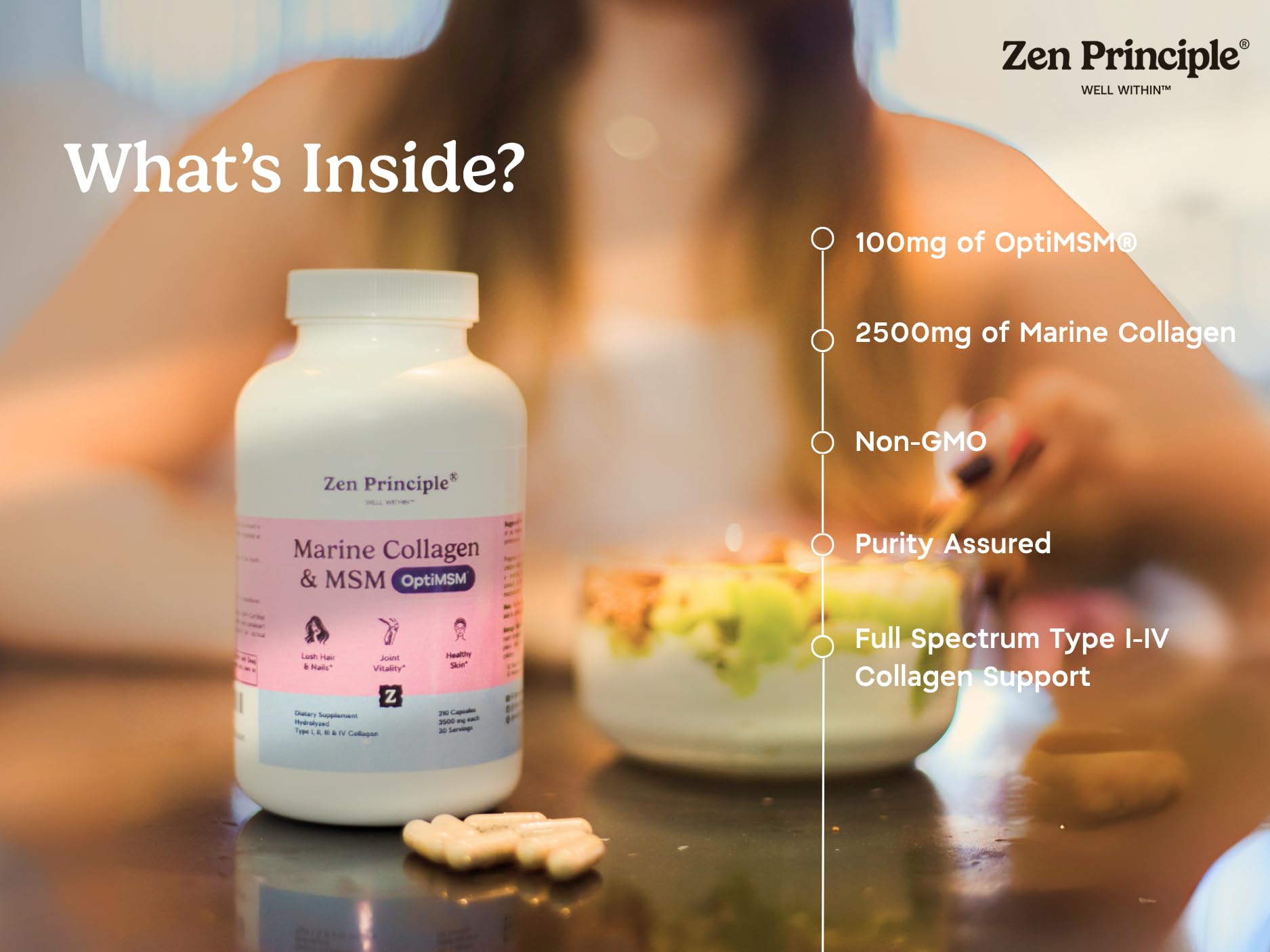 Zen Principle label packaging detail highlighting wild-caught fish origin and non-GMO quality