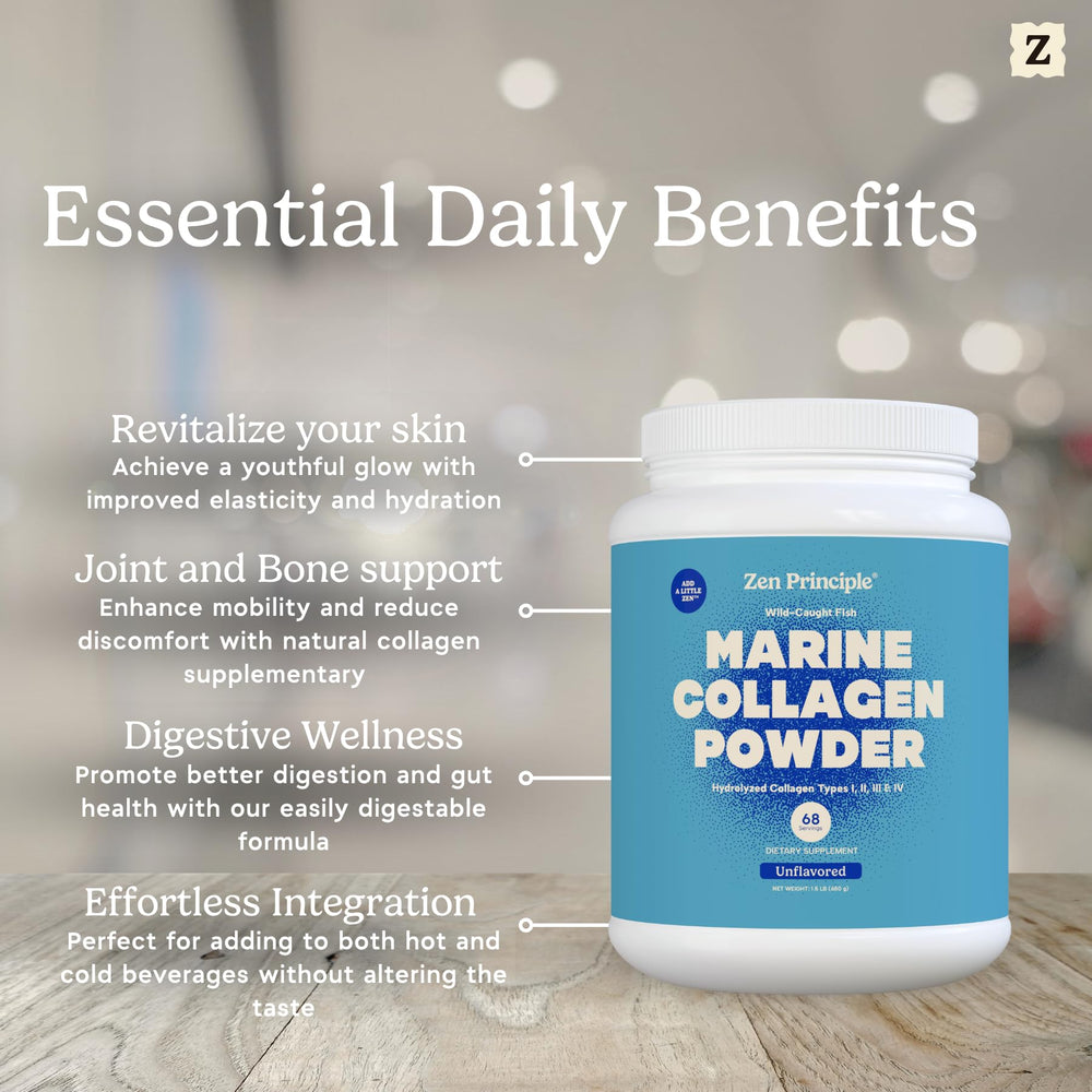 1.5 lb tub of Zen Principle marine collagen powder for daily use.
