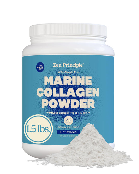 Zen Principle Marine Collagen Powder front packaging showing neutral taste and wild-caught sourcing.