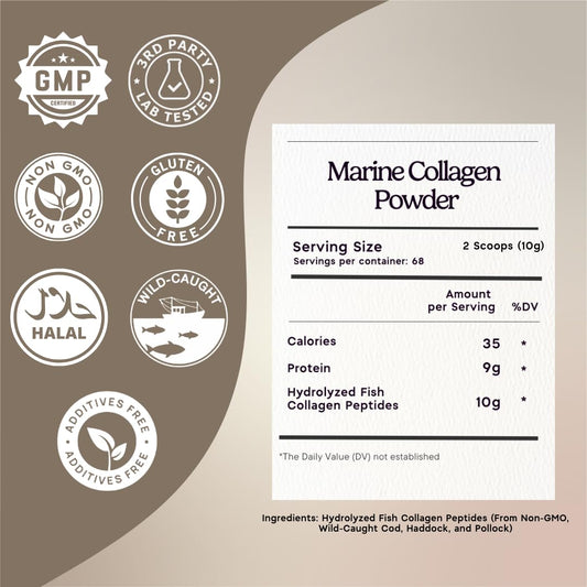 Zen Principle Marine Collagen Powder tub and label highlighting hydrolyzed Type I & III for skin and joints.